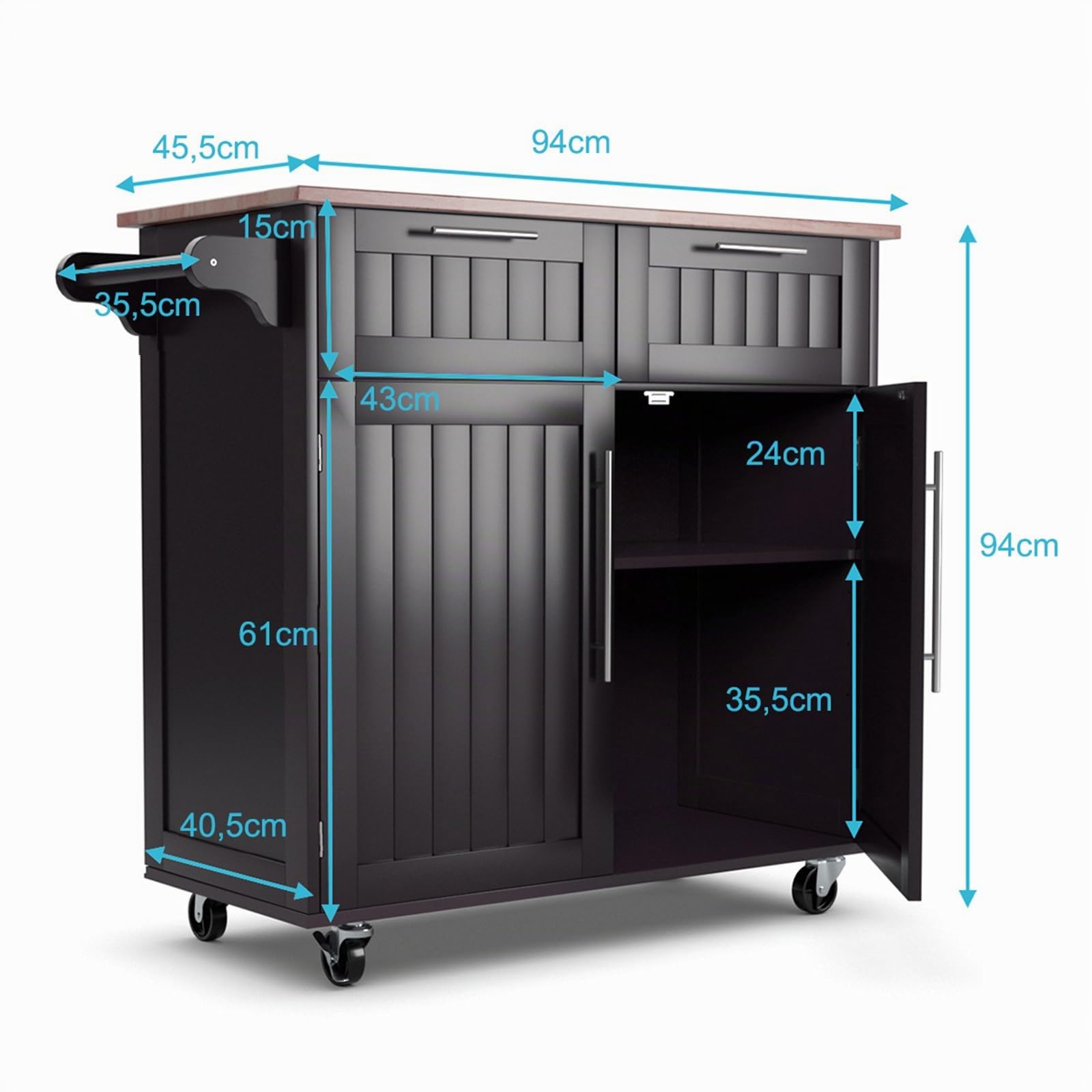 COSTWAY Carrello da Cucina, Isola da Cucina con Cassetti Portaoggetti e Armadietti, Ruote Universali e Portasciugamani, Ideale per Casa Ristorante Bar (Marrone)