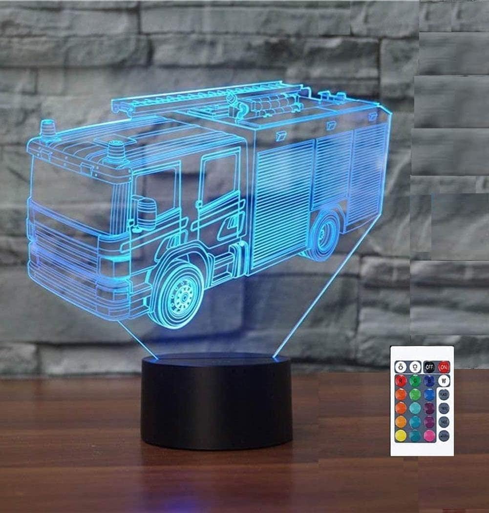 FXUSLGT3D Fire Fighting Truck Night Light 16 Color Change LED Remote Control Table Desk Lamp Acrylic Flat ABS Base USB Charger Home Decoration Toy Birthday Xmas Kid Children Gift