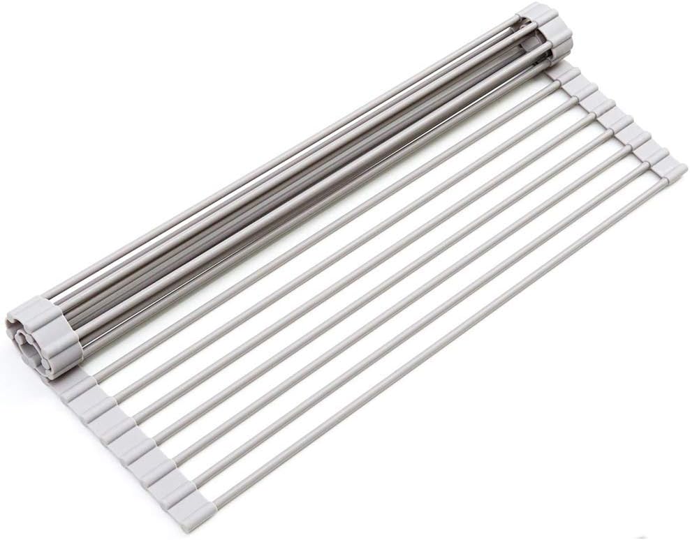Dish Drying Rack KIBEE Multipurpose Roll Up Sink Rack Silicone Coated Stainless Steel Over The Sink Drainer Gadget Tool for Many Kitchen Task(Large Gray)
