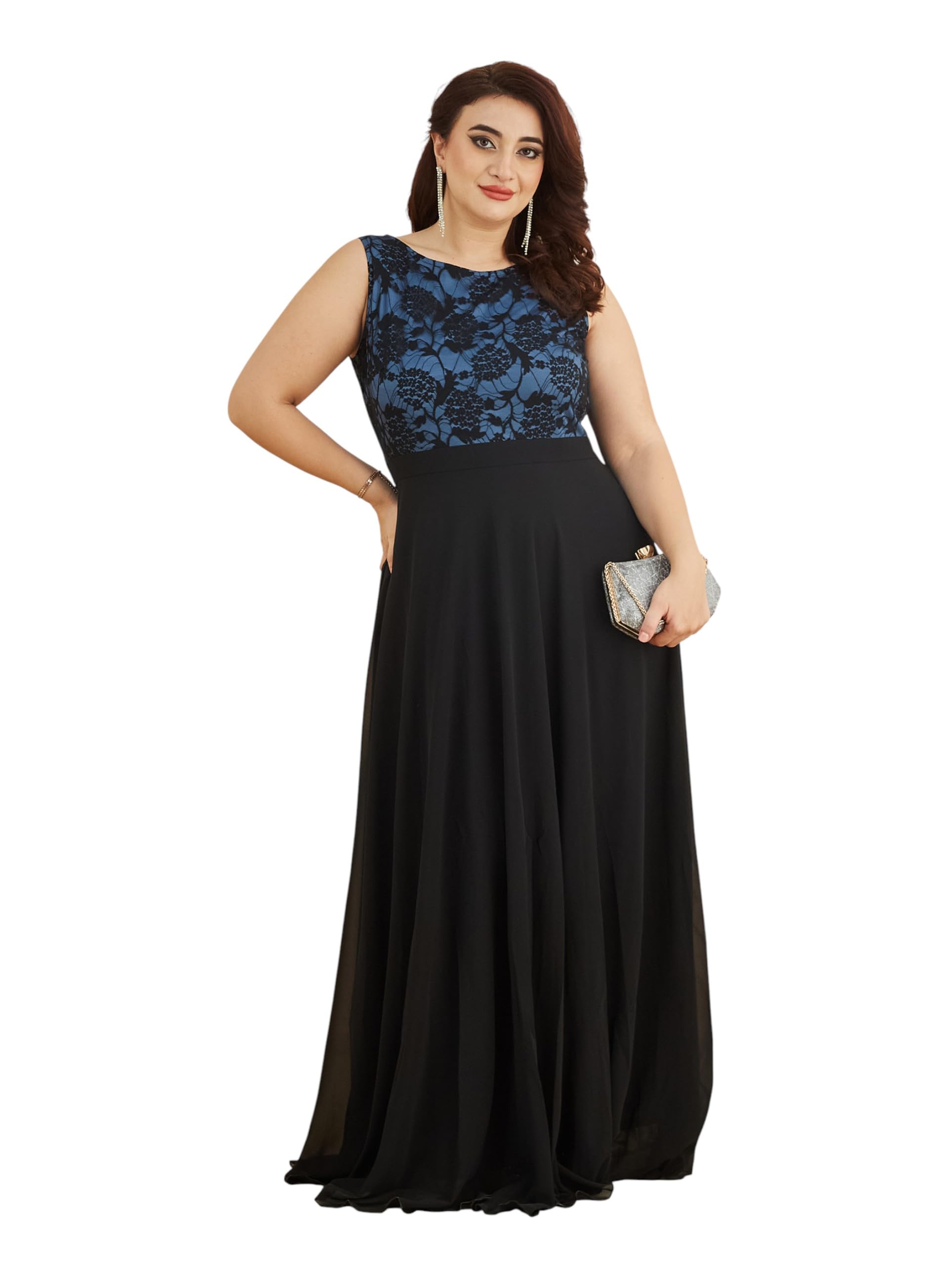 miss chase a+ Women's Round Neck Sleeveless Georgette Floral Lace Fit Flare Maxi Dress-picture-28