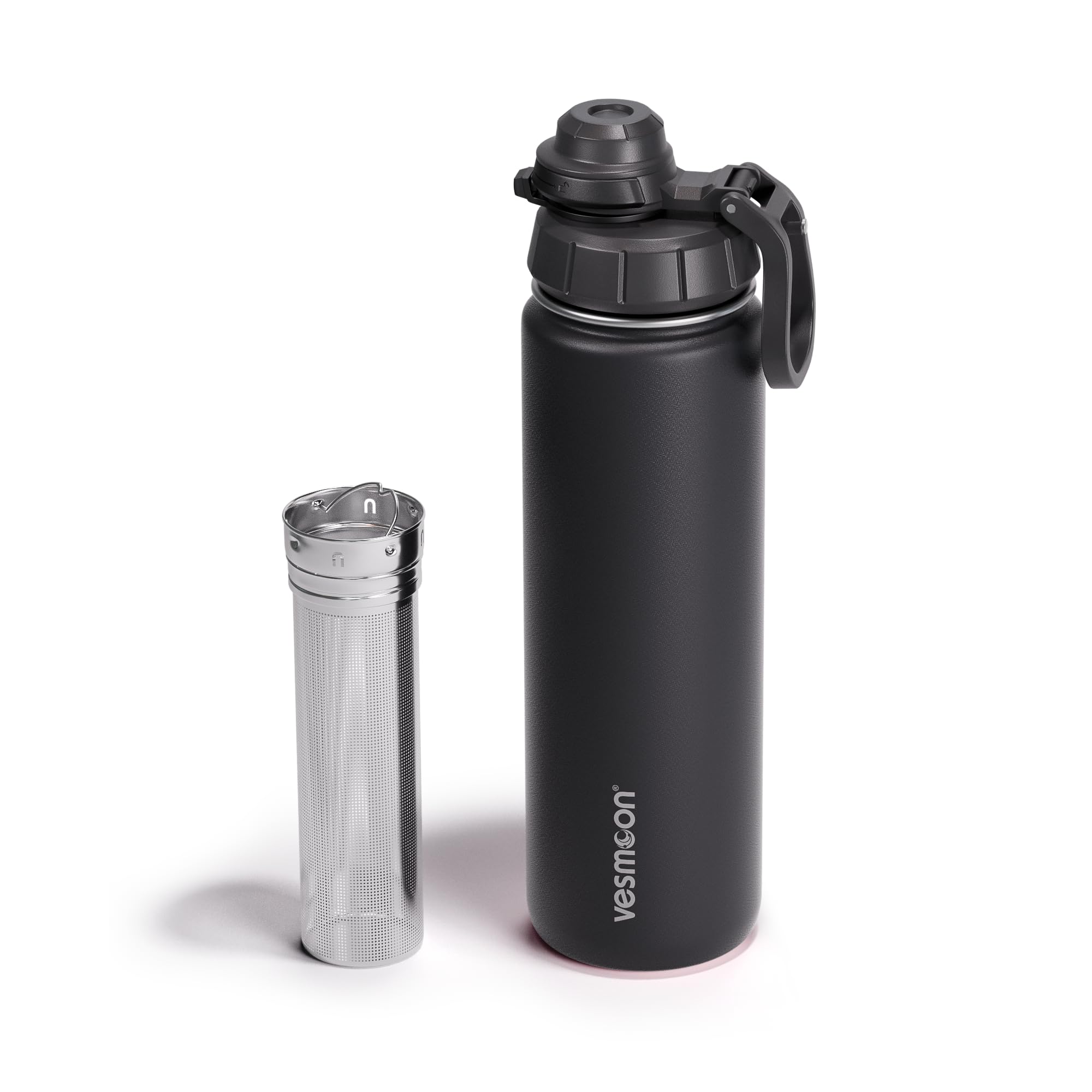 Vesmoon Vessence 24 Oz Stainless Steel Tea Infuser Bottle for Loose Leaf Tea, Water, Herbs, Fruits - Triple Layered Insulated, Leak Proof Bottle with Lid and Clip Handle - 24 Hours Hot/Cold