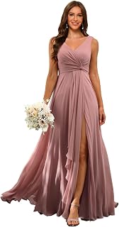 Chiffon Bridesmaid Dresses with Pockets A-line Ruffles Long Chiffon Formal Party Dress with Slit RO056