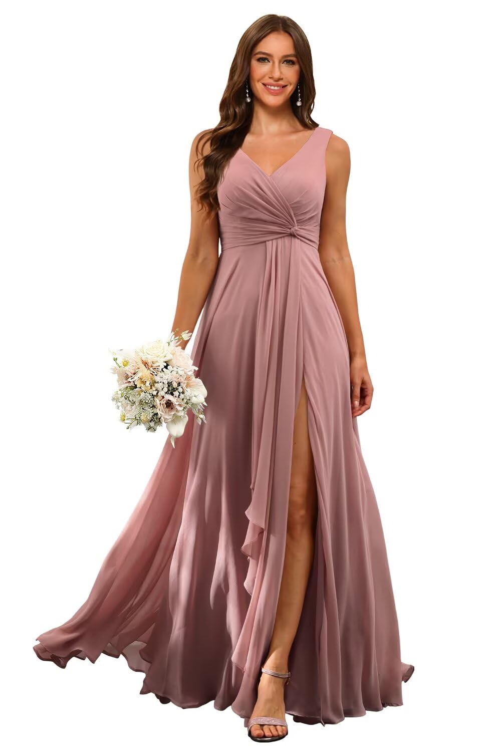 RSOETOO Chiffon Bridesmaid Dresses with Pockets A-line Ruffles Long Chiffon Formal Party Dress with Slit RON018