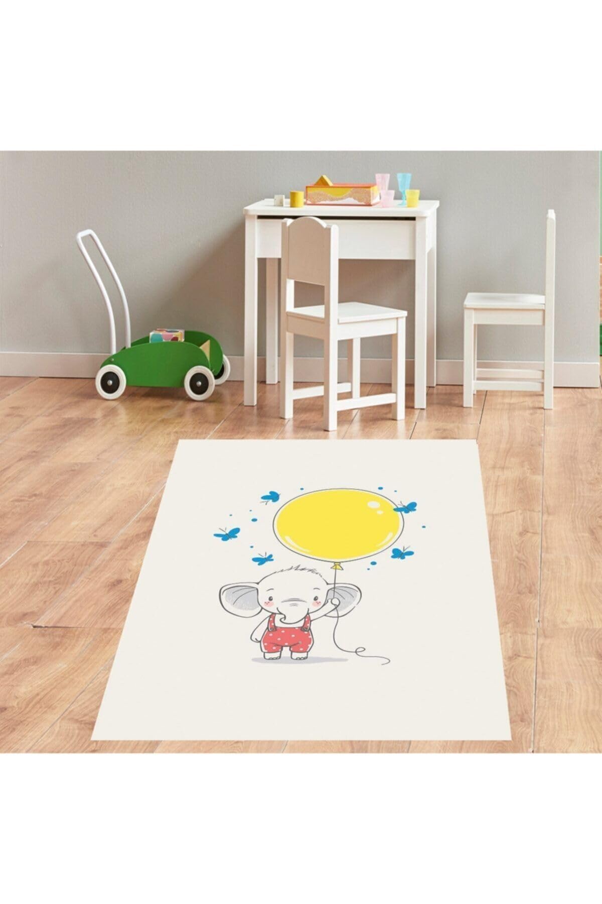 Pelangi Filli Balonlu Kelebekli Dijital Baskı Yıkanabilir Kaymaz Taban Fil Desenli Bebek Odası Halısı, Beyaz 160 x 250