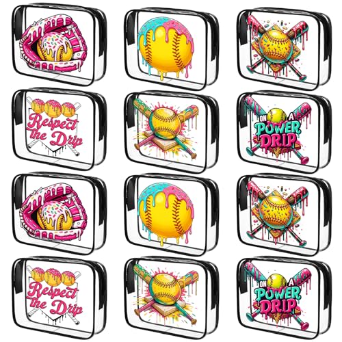 Sadnyy 12 Pcs Ice Cream Drip Softball Makeup Bags Gift Bulk Softball Snack Pouch Bags 7 x 5.5 x 2 Inches Clear Waterproof with Zipper Party Favors for Team Women Birthday Gifts Sport Supplies