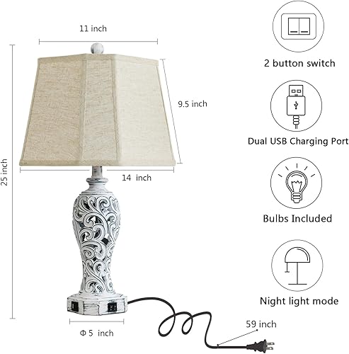 Miniatura 6 de Juego de 2 lámparas de mesa de granja de 25 pulgadas para sala de estar, dormitorio, 2 puertos USB, lámpara de mesa rústica vintage con luz