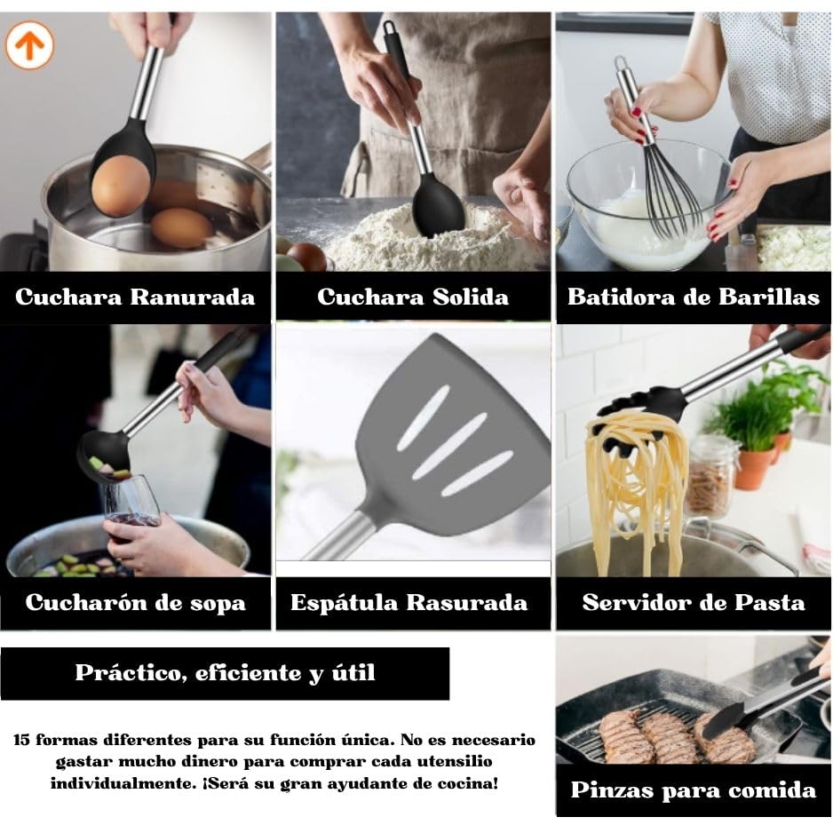 TINA&CO Juego de utensilios de cocina silicona 15 piezas de silicona con mango de acero inoxidable, resistentes al calor, antiadherente, espátulas grandes, apto para lavavajillas (Negro)