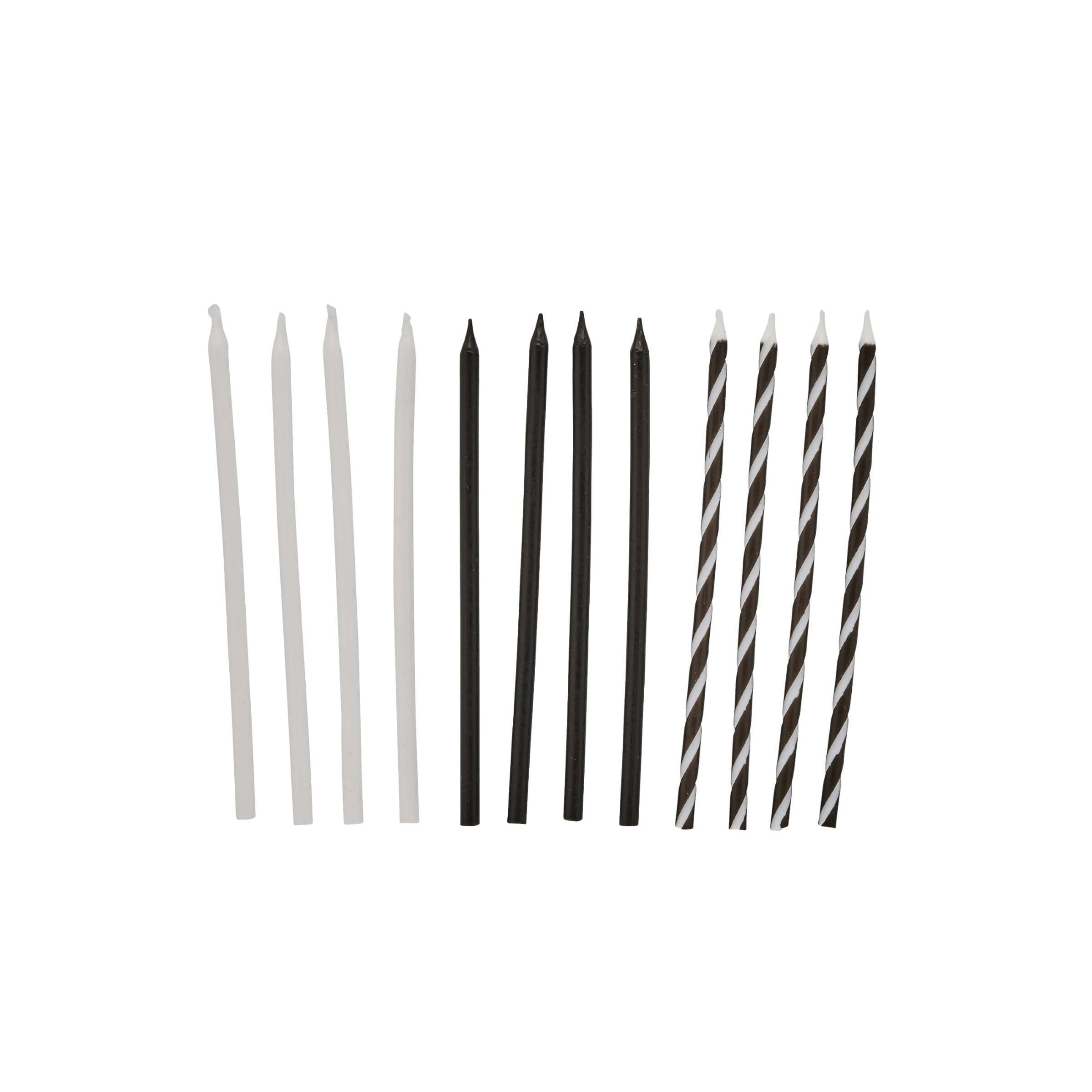 Monochrome Tall Skinny Cake Candles, Pack of 12, Black White and Striped Birthday Candles