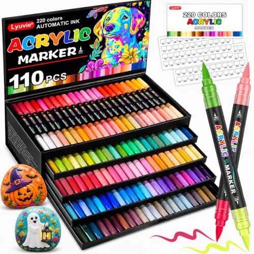 Lyuvie 220 Couleurs Feutre Acrylique,110 Pcs Acrylic Paint Marker Marqueur Peinture Acrylique Pointe Brush pour Roche Tissu Pierre Bois Verre Papier Plastique