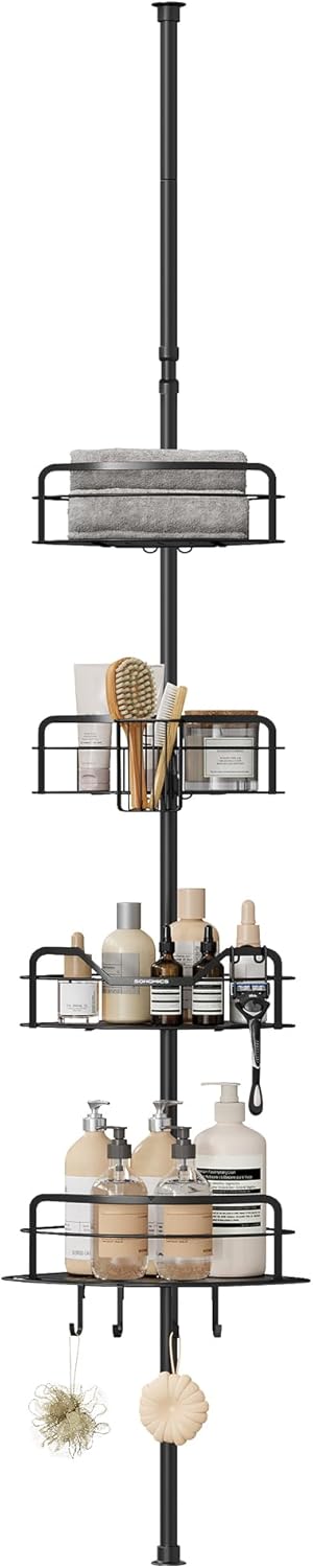 SONGMICS 4-Tier Tension Pole Shower Caddy, Ink Black, Adjustable Height