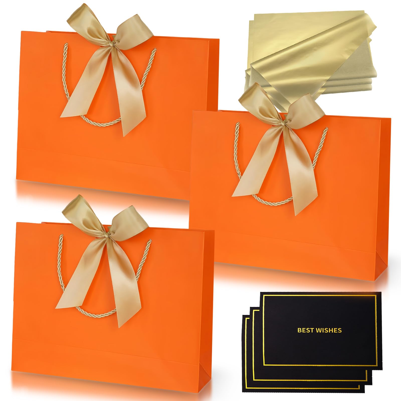 Medium Orange Gift Bags for Present,Paper Party Bags with Handles,3Pcs Birthday Gift Bag with Ribbons 6 Tissue Paper 3 Cards for Girls Boys Women Men Bridesmaid Thanksgiving Halloween Christmas Party โ image 1