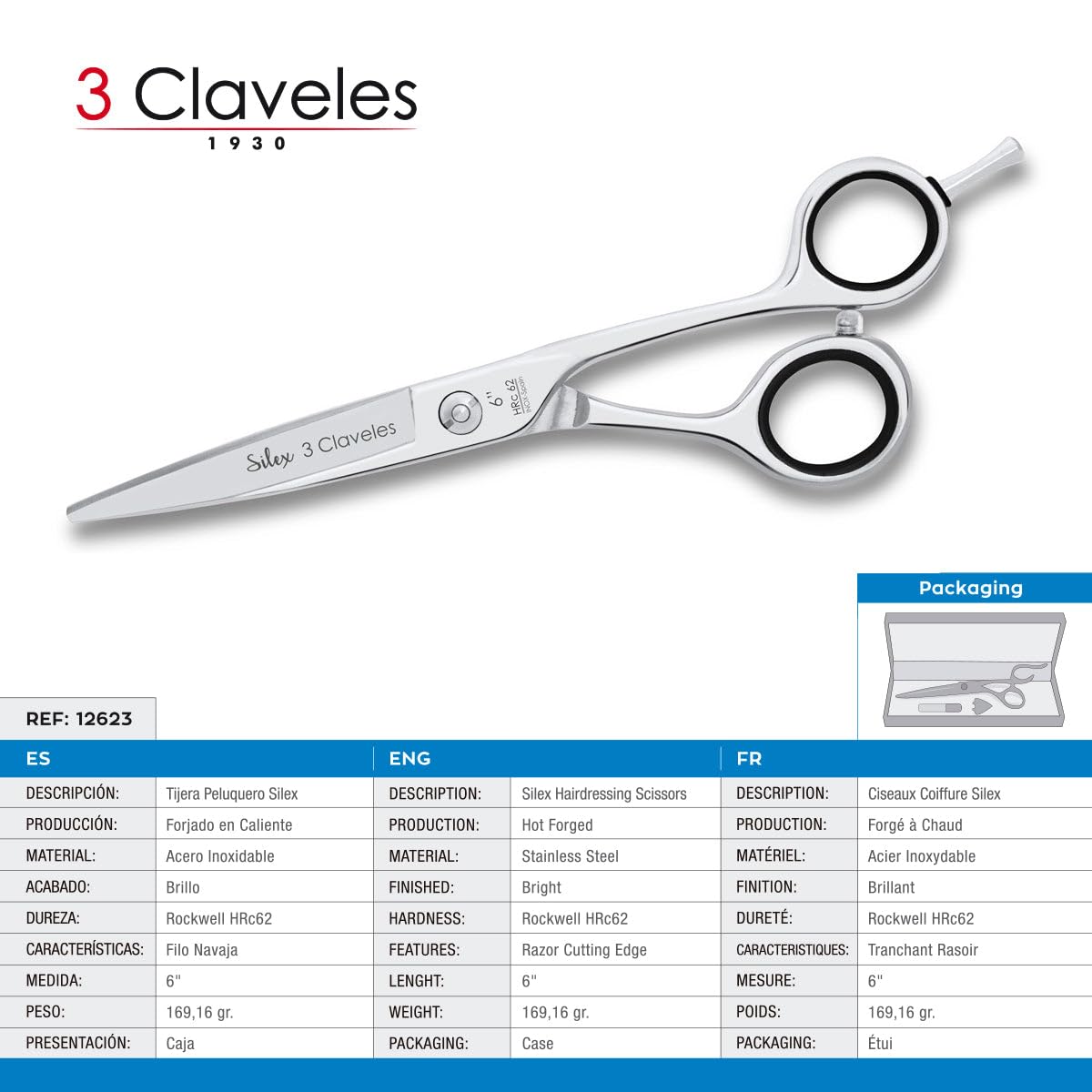 3 Claveles Silex - Tijeras De Peluquería 6" De Corte,vaciado Cóncavo, Filo Navaja, Acero Inox. Dedales Ergonómicos, Tijera Peluquero Profesional, color Brillo, 15.24 cm, 4 g