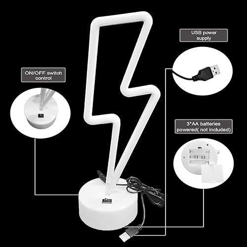 Miniatura 4 de Letrero de neón de rayo morado con base para dormitorio, lámpara de trueno USBbatería, luz nocturna, decoración en forma de LED para escritorio,