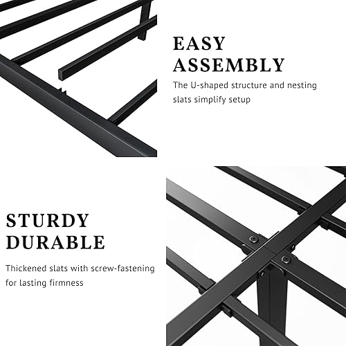 Miniatura 5 de Base de cama individual de 14 pulgadas, resistente, con cabecero y estribo, marco de cama de metal, no necesita somier, fácil montaje,