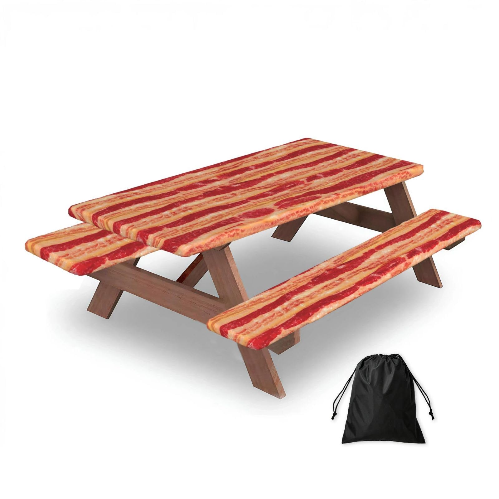 Dopklna As Picture Bacon Slabs, Picnic Table Cover With Bench Covers -Waterproof Elastic Fitted Tablecloth For Garden Camping Patio 76X152cm