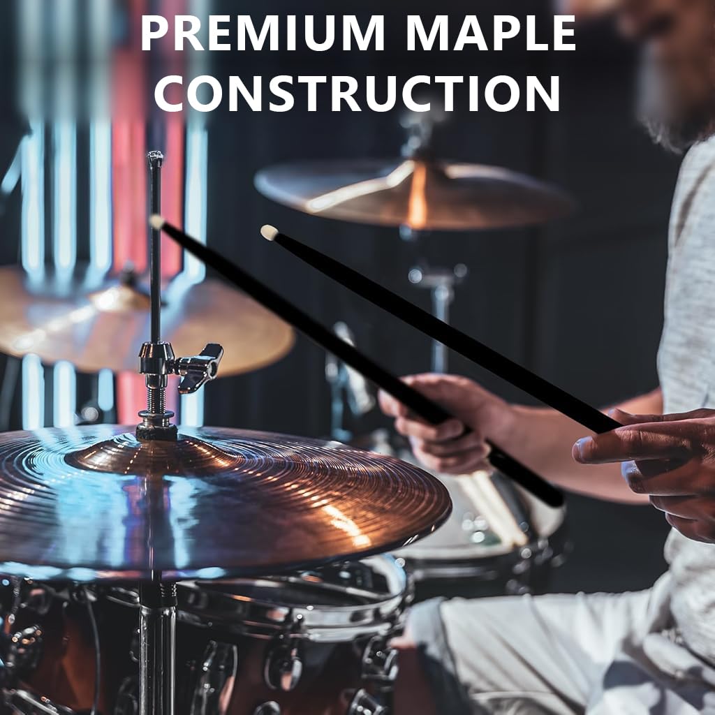 HASTHIP® 2 Pairs 5A Maple Wood Drum Sticks, 16" Percussion Wood Drumsticks Drum Accessories for Adults & Youth, Oval Wood Tip, Perfect for Pros and Beginners - Black 1