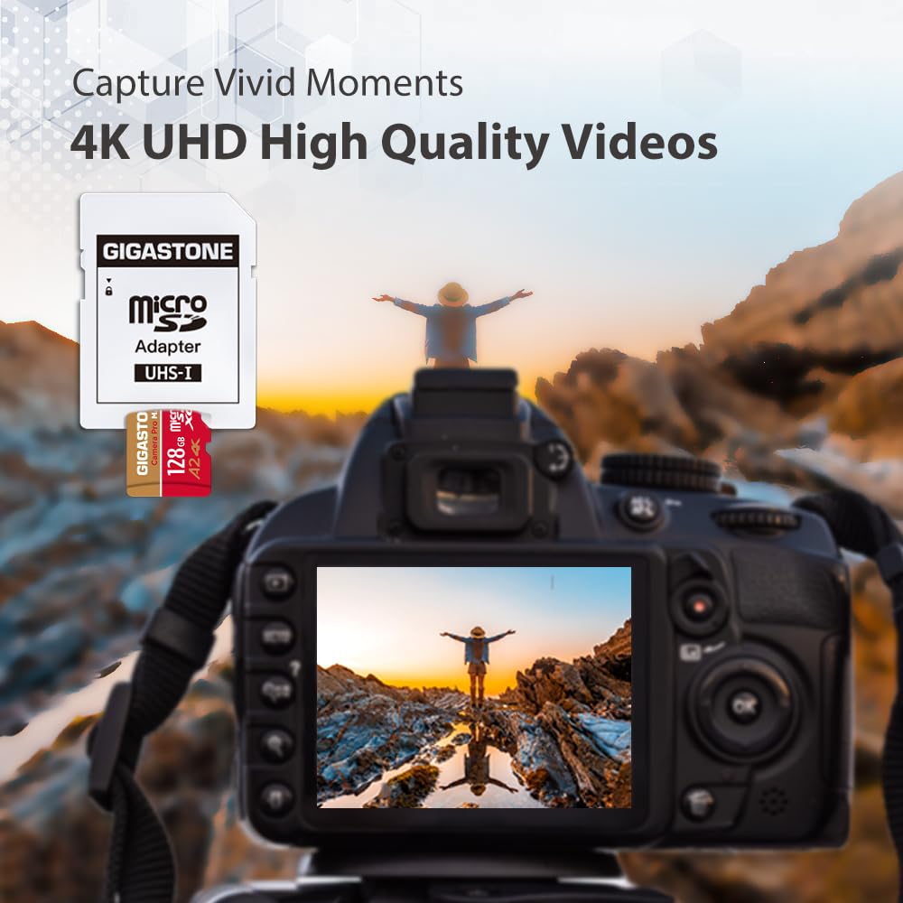 [5 Ans Récupération de données Gratuite] GIGASTONE Carte Mémoire 128 Go, Camera Pro Max, Vitesse jusqu'à 150/100 Mo/s, pour GoPro, DJI, Drone, 4K Video A2 V30 U3 MicroSDXC avec Adaptateur