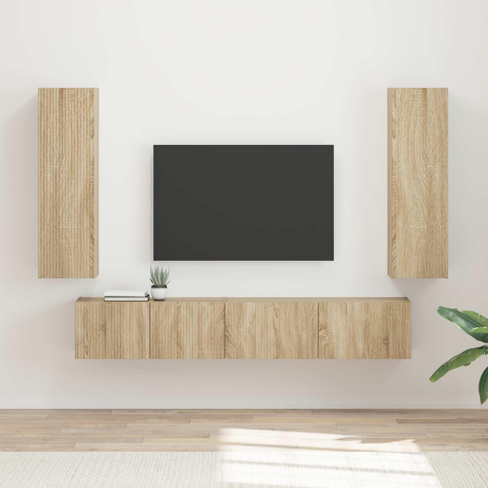 TV-Schrankset Wandmontiert 3-teilig Sonoma-Eiche Holzwerkstoff, Modernes Media-Center mit Stauraum, Schwebendes Regal für Wohnzimmer