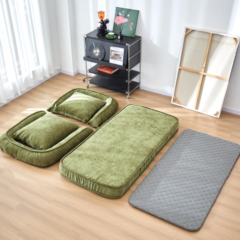 Foldable Lazy Sofa Bed Floor Chair - Adjustable Human Dog Bed for Adults Kids Floor Seats - Cozy Small Couch for Home Living Room (Green)