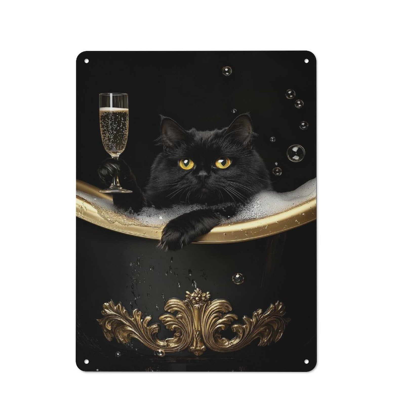 Junmoney Style-13 Tin Wall Plaque 40X30cm With Black Cat In A Bathtub For Bar Or Restaurant, For Hospitality Decor Collectors