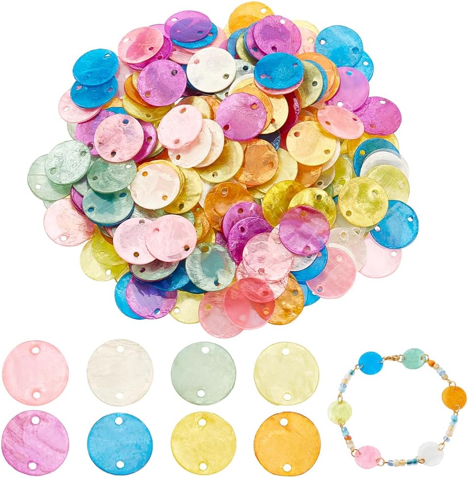 PH PandaHall 240pcs 8 Colors 15mm Round Shells Pieces with 2 Holes, Natural Capiz Shell Slice Disc Coin Beads Connector Charms for DIY Jewelry Making Wind Chimes Curtain Lamp Shade Crafts Christmas