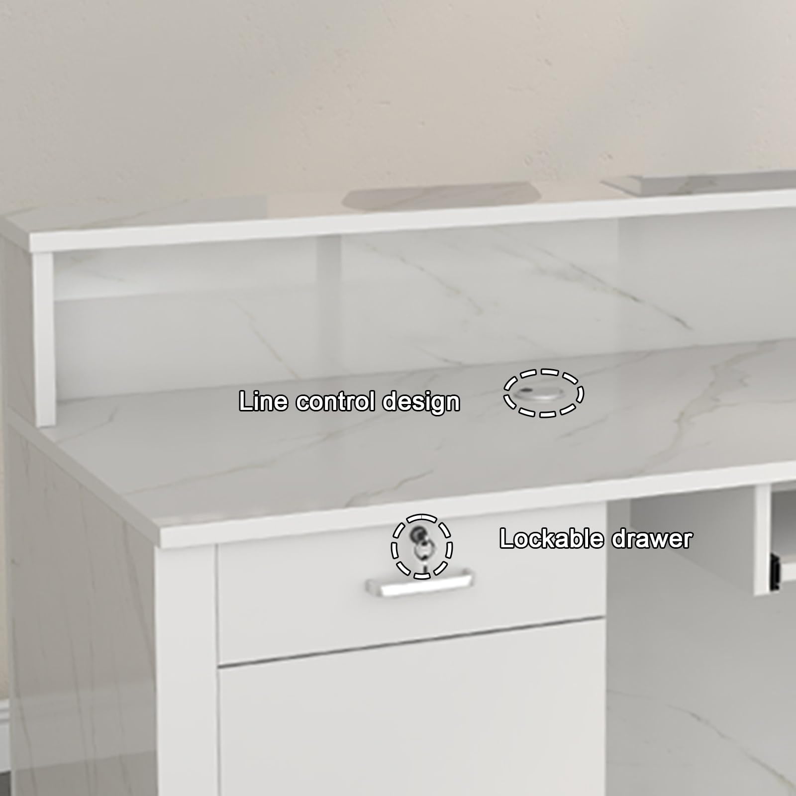 Generico Banco Reception Moderno a LED, 60x45 cm, Elegante Mobile per Ufficio Bianco e Nero, Frontale Illuminato, Gestione Cavi, cassetti con Serratura, Design contempor