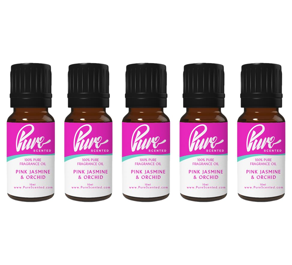 Pure Scented 50ml Fragrance Oils - 5 x 10ml Suitable for Candles, Soaps, Slime, Diffusers, Cosmetics, Wax Melts, Designer (5 x 10ml, Pink Jasmine & Orchid)