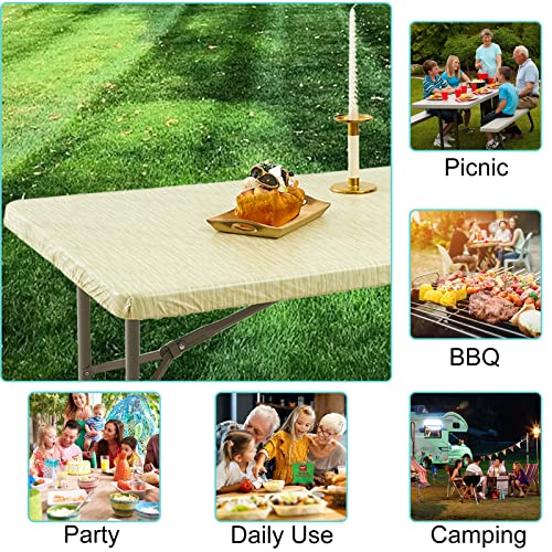 Elastic Vinyl Fitted Tablecloth For 6 Ft Folding Table, 28" X 72" Rectangle Flannel Backing Table Cover, Waterproof Wipeable Table Cloth For Indoor Outdoor Picnic Parties, Beige Texture #TOP6