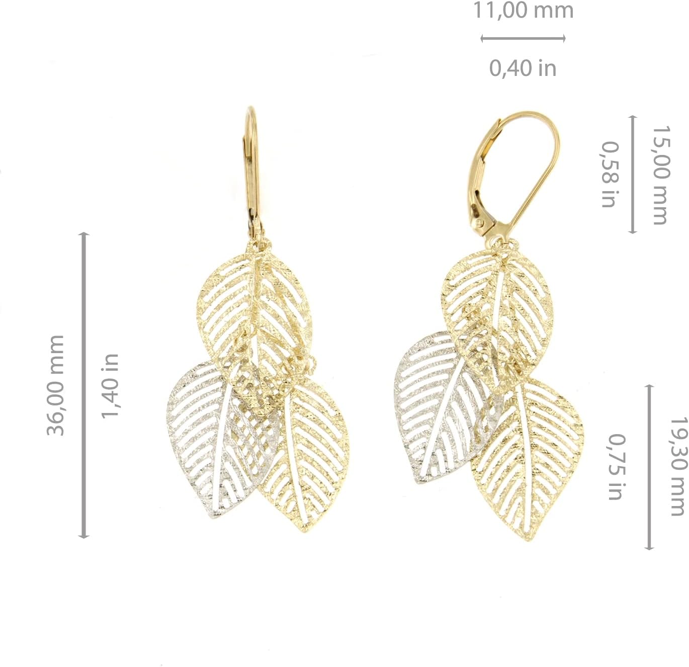 forme di Lucchetta - 14K White & Yellow Gold Leaf Earrings Dangle Drop - Stylish & Elegant Womens Jewelry from Italy