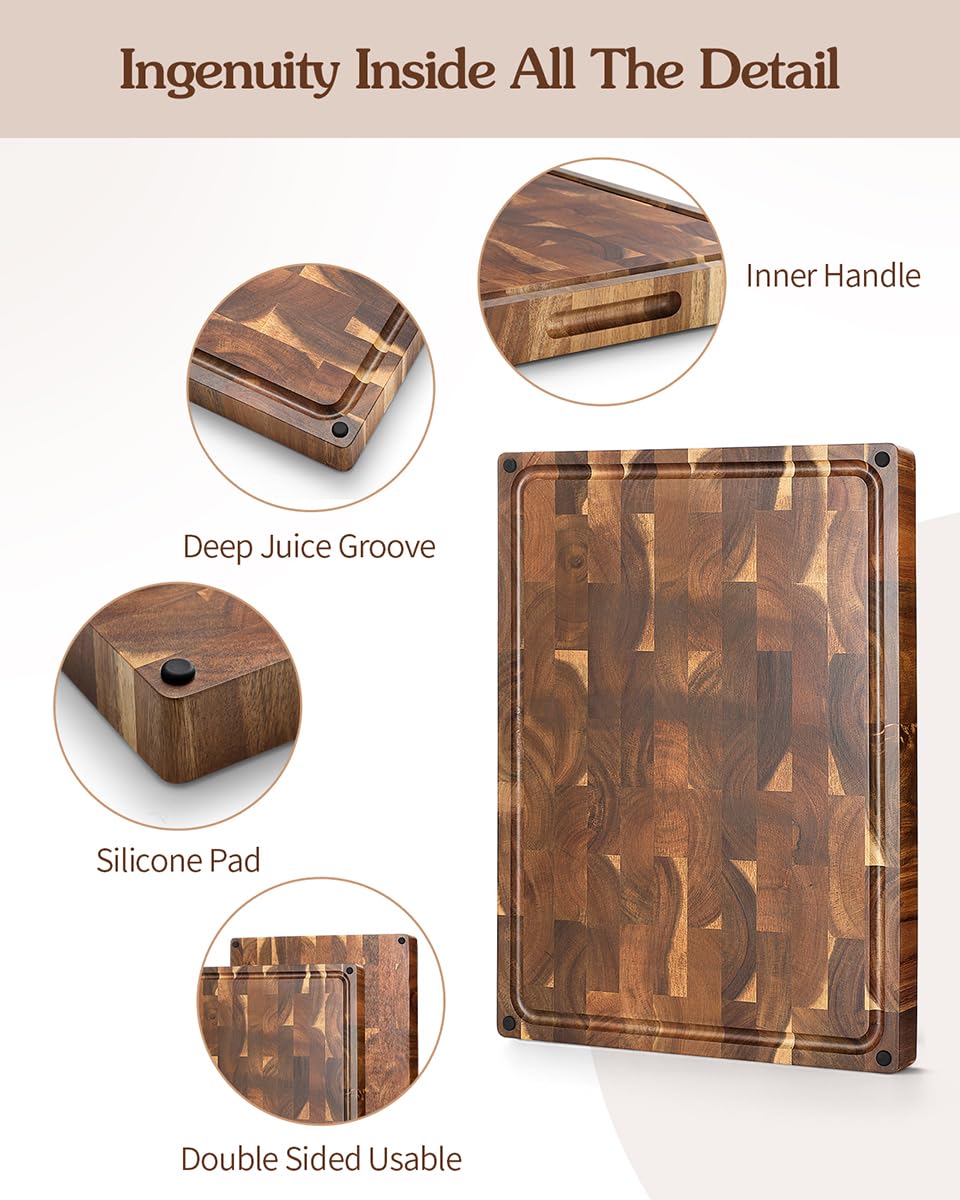 XINZUO Large Thick End Grain Acacia Wood Cutting Board- (19''L x 14''W x 1.5''T) Reversible Wooden Chopping Board with Non-Slip Feet - Image 3