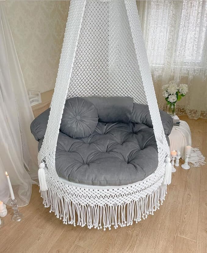 Image of Macrame Hanging Chair Swing with Cushions, Boho Indoor Round Hammock Seat Indoor & Outdoor - Patio, Balcony, Bedroom, Living Room, Garden-Kids, Adults (White with Grey)