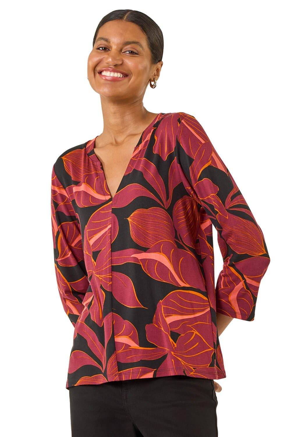 Roman Originals Leaf V Neck Stretch Jersey Top for Women UK Ladies Pleated Shirt Notch V Neck Blouse Summer Tunic Pull-On Soft Evening Holiday Work Party Everyday - Red Noir - Size 18