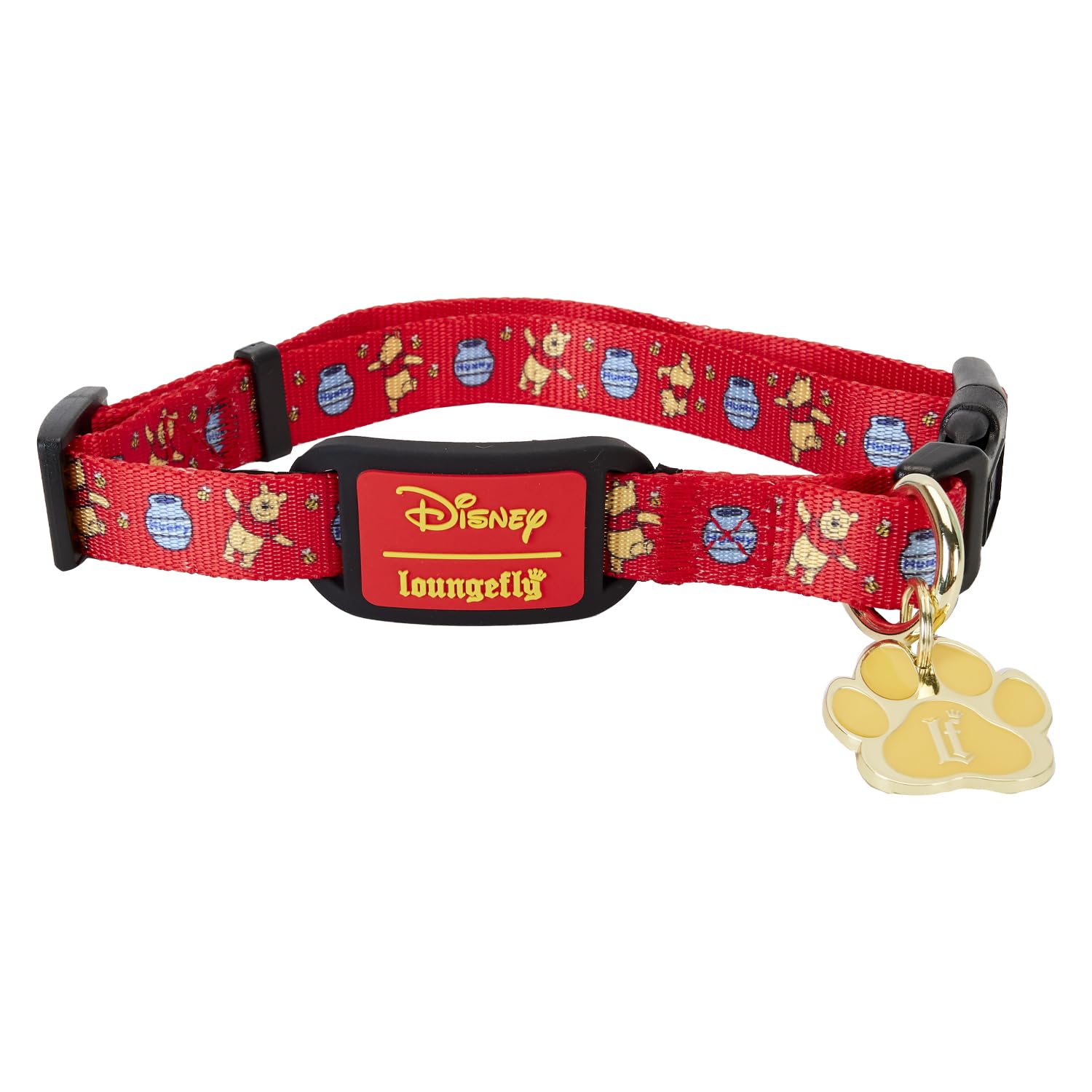 Loungefly Pets Disney Winnie The Pooh Dog Collar (Small, Red, Animal Print, Nylon, Hunny Pot, Crown, Enamel Pawprint Charm, Small Dog)