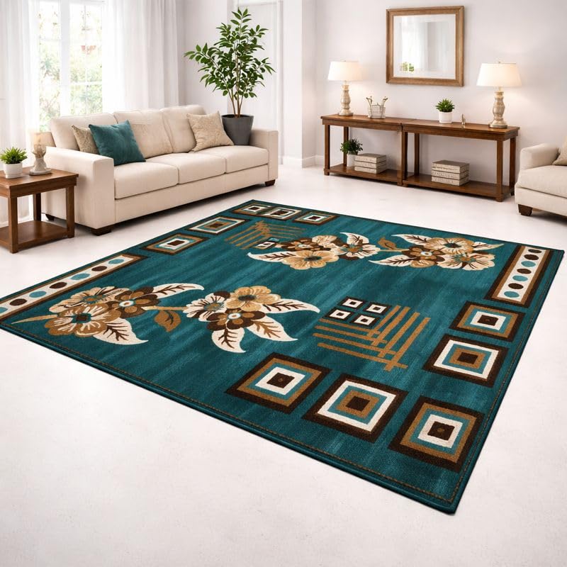 Image of Traditional Blue Area Rug 6x8 Feet Premium Floral Design Anti-Slip Washable for Living Room Hall Drawing Room