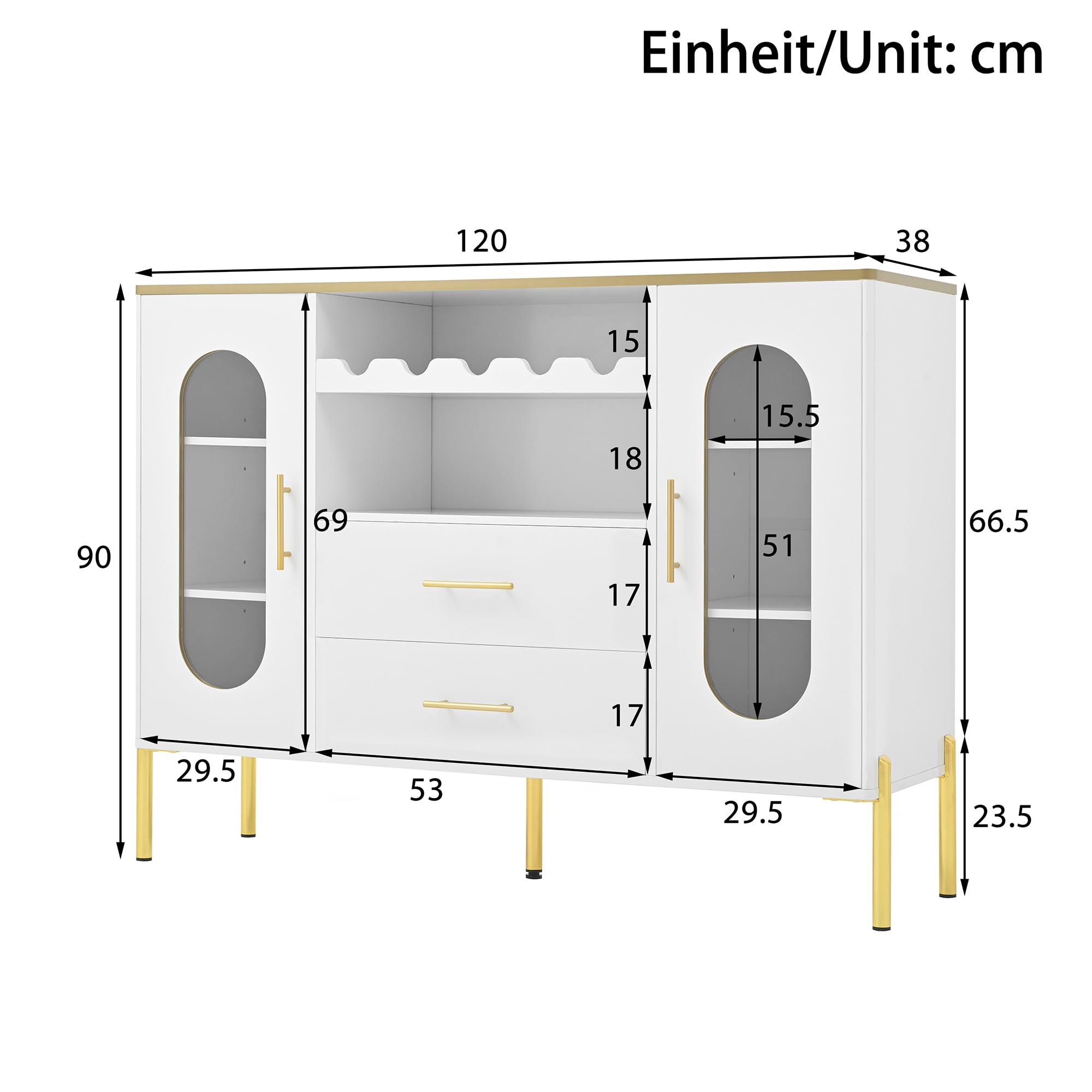 Credenza 120 cm Con Ripiani Interni Regolabili, Ante In Vetro E Cassetti, Buffet Con Portabottiglie Integrato, Mobile Elegante Per Soggiorno Ed Esszimmer