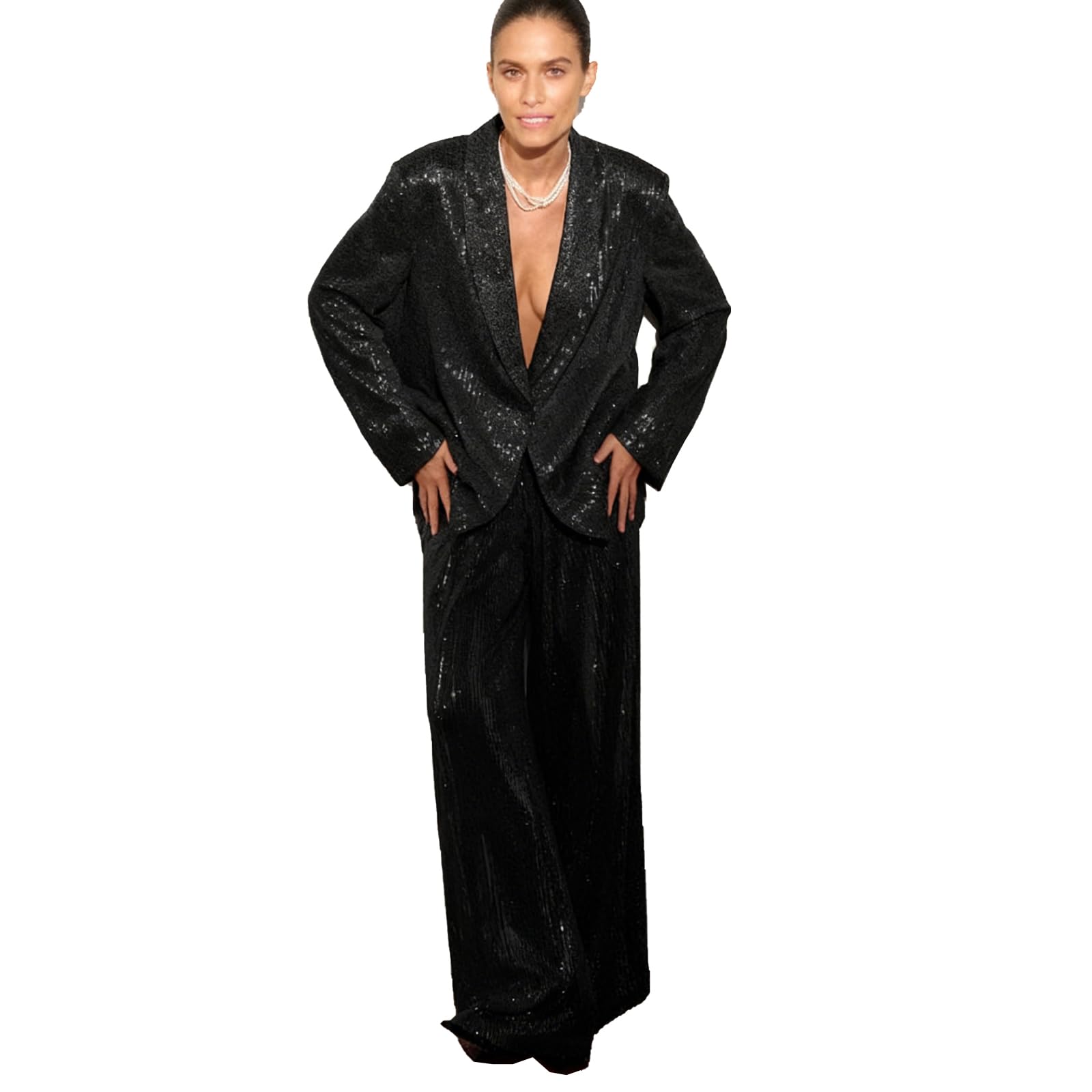 Sequin Suits for Women-2 Piece V Neck Womens Blazer Suit 1 Button Womens Tuxedo Suit Set Sparkly Two
