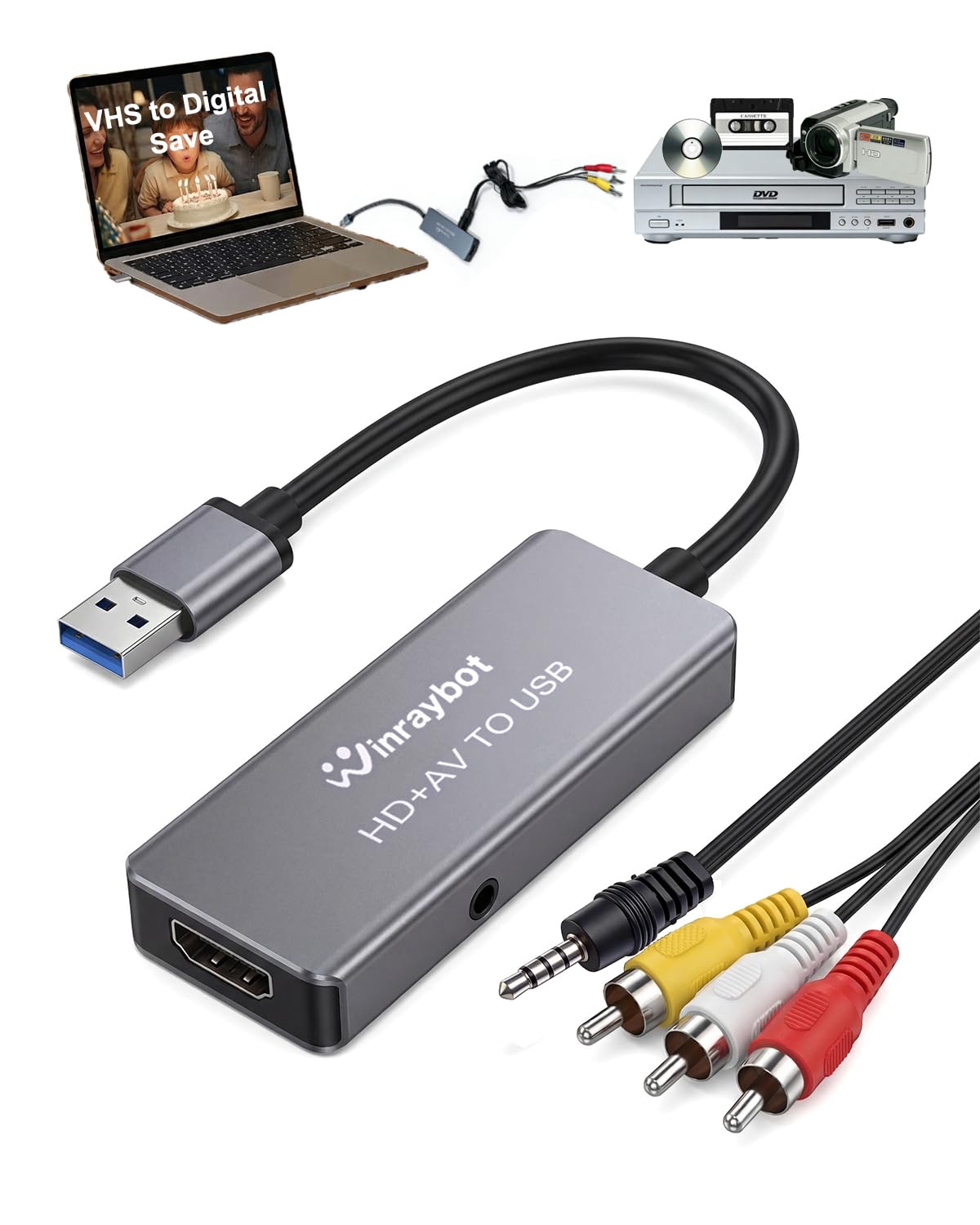 Adaptador de captura de video USB, convertidor VHS a digital, tarjeta de captura de video para VHS, RCA, HI9, HDMI para transmisión de video, conversión VHS/DVD a formato digital, entrada RCA/S-Video