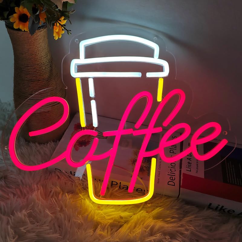 Image of Coffee Neon Sign Led Dimmable Acrylic Neon Signs for Coffee Shop Salon Home Bar Decor,Decorative Glow Signs for Room Pub Club Party Decoration,Usb Powered(Red Coffee+Yellow)
