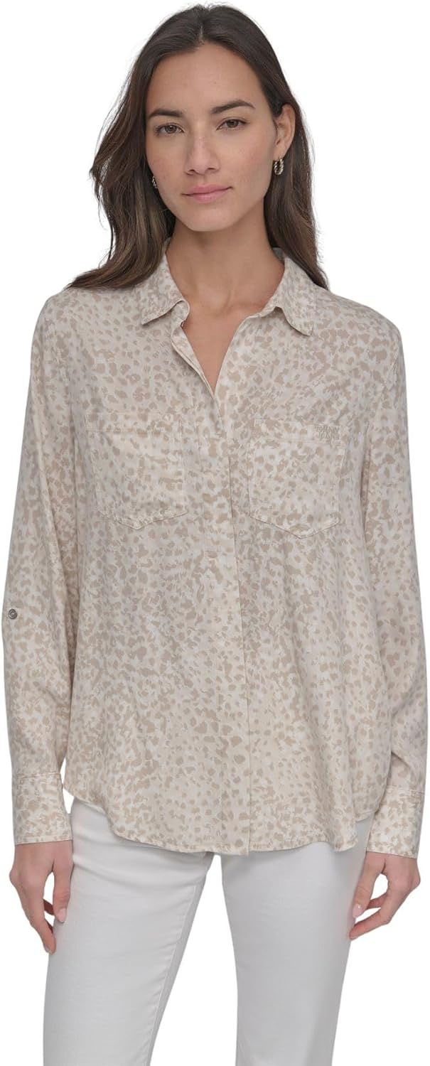 DKNY Women's Splitback Long Sleeve Button Down with Cuffed Sleeve