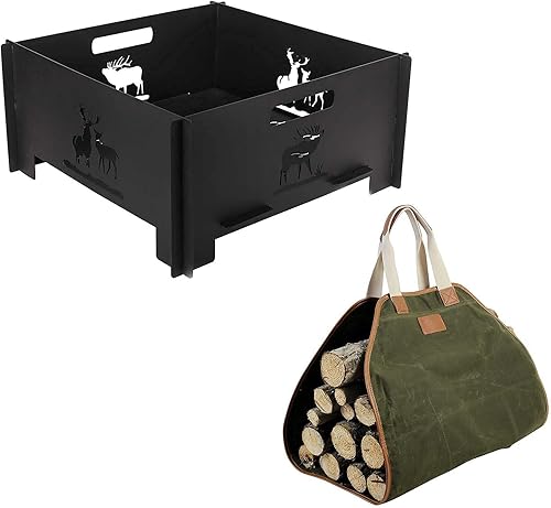 Bolsa portadora de troncos de lona y hoguera portátil de enchufe, resistente al aire libre Living FirePit y encerado durable bolsa de madera