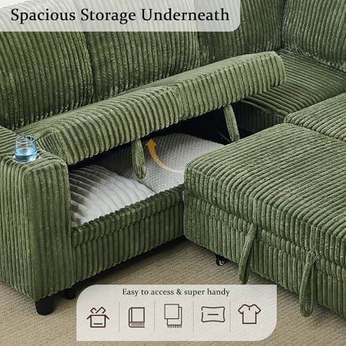 Image of KEIKI 81 inch L-Shaped Oversized Corduroy Modular Sectional Sleeper Sofa with Pull-Out Bed, Storage Seat, 5-Seater Upholstered Couch Bed with Charging Station, Easy Assembly, for Living Room, Olive Green