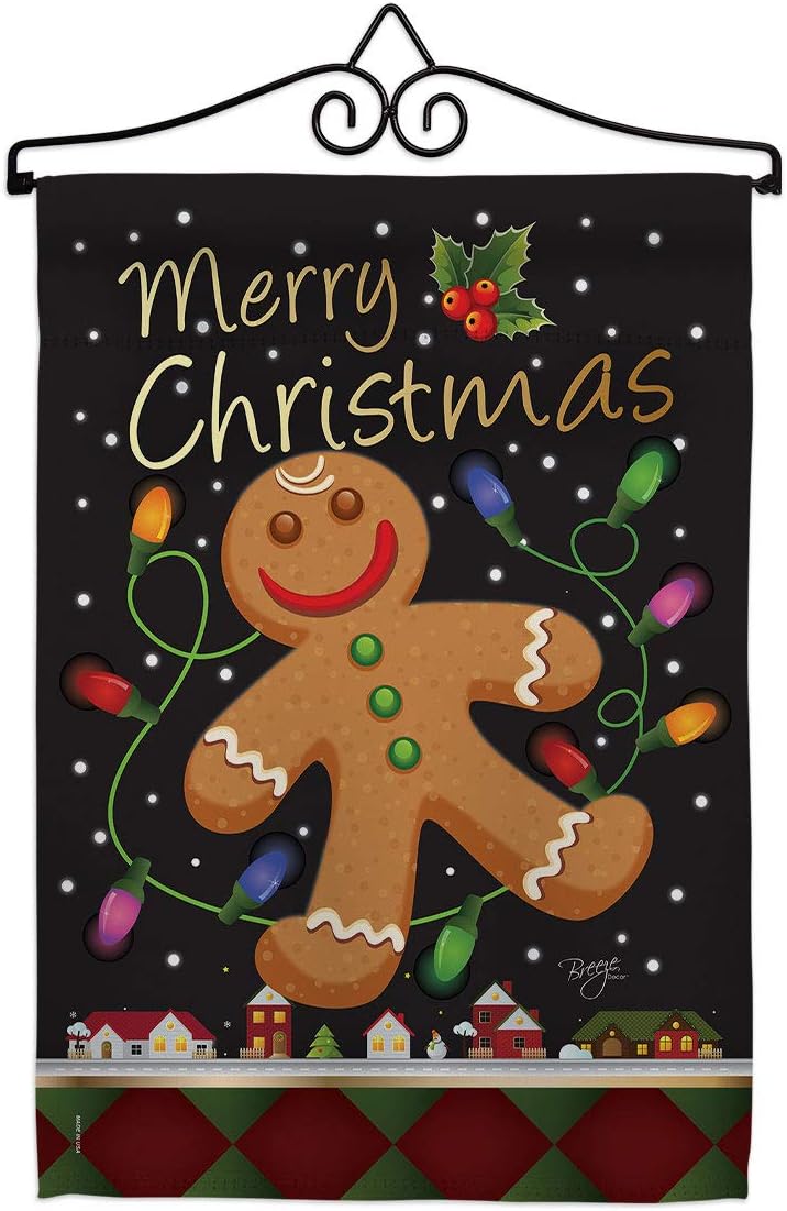 Breeze Decor Gingerbread Garden Flag Set Wall Hanger Wintertime Christmas Santa Marry Xmas Present Reindeer Season Snow Small Decorative Gift Yard House Banner Double-Sided Made in USA 13 X 18.5