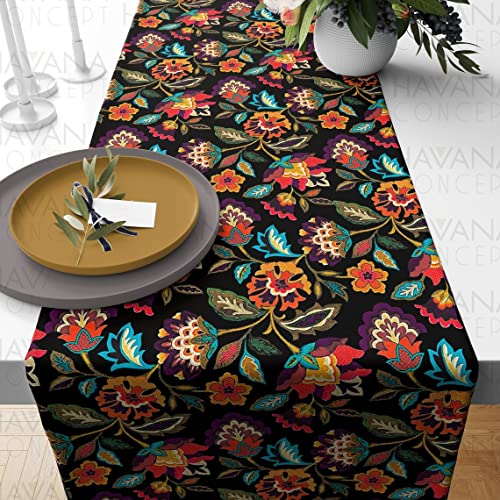 Vintage Uzbek Floral Print Table Runner - Flowers On Black Dining Room Table Runner - Boho Suzani Flower Print Stain Resistant Table Linens (16 X 110) #TOP9