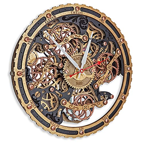Automaton Bite 1682 Сircle"Black Gold" Large Wall Clock Moving Gears, Mechanical Silent Wall Art, Home Living Room And Office Design, Personalized Engraving Art Gift, Steampunk Loft Antique Decor #TOP2