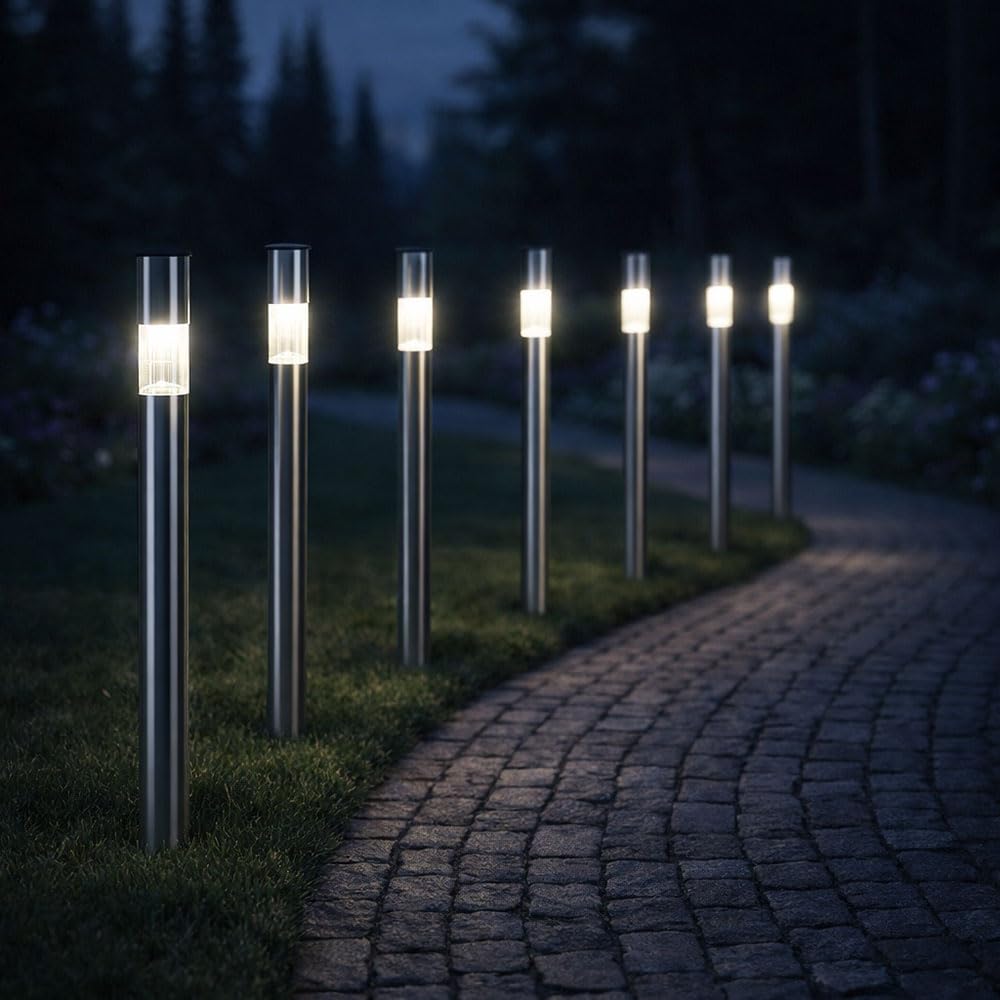 Solar Außenleuchte Erdspieß Steckleuchte Solarlampe Edelstahl Wegeleuchte Stecklampe, 0,07 Watt LED Leuchtmittel, H 70 cm, 6er Set