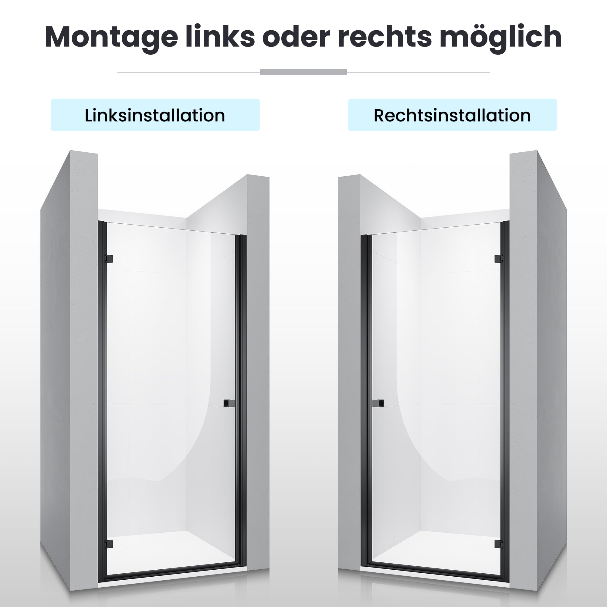 SONNI Duschtür für Nische aus 6 mm ESG-Glas, 90x195 cm, Schwarz, Drehgelenk