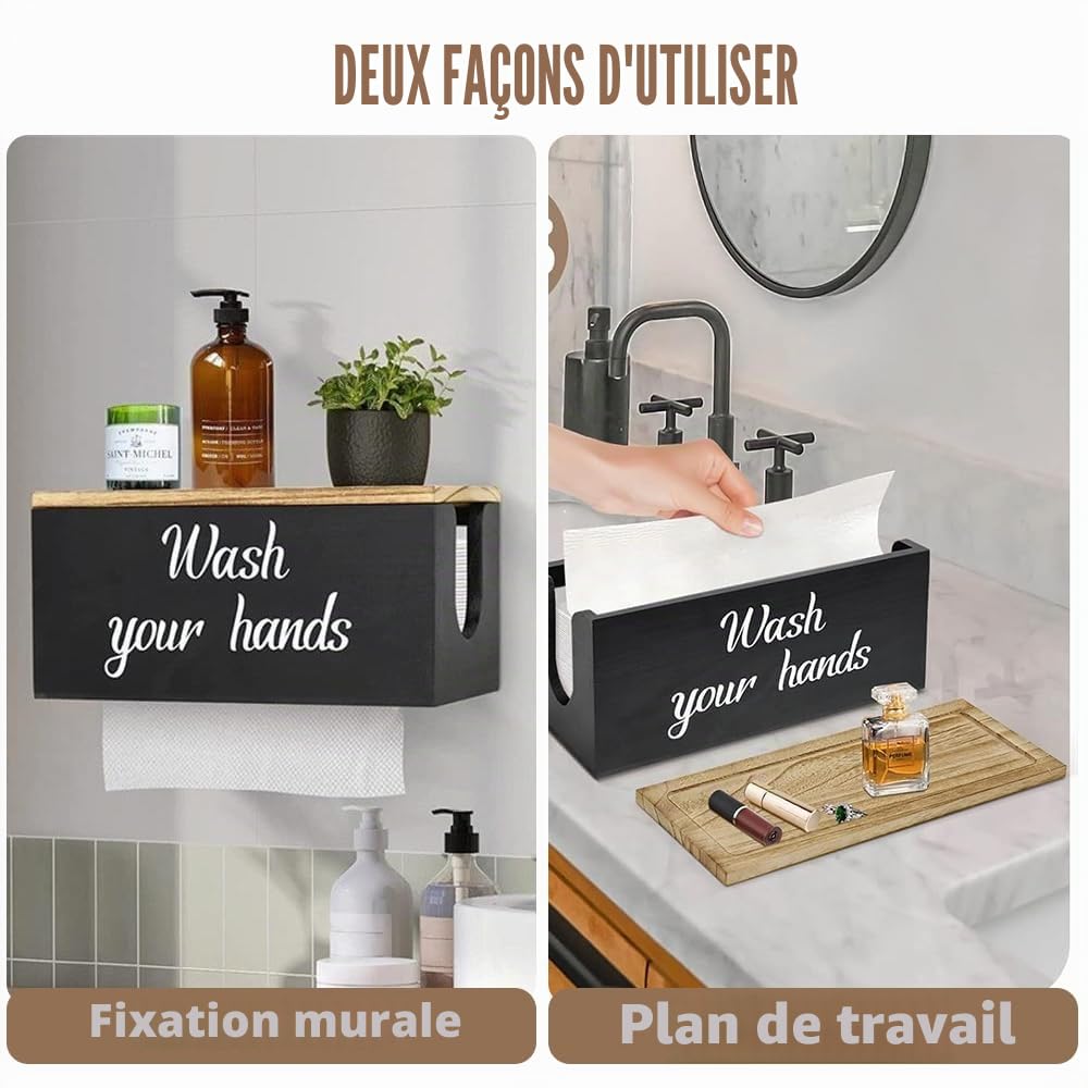 Distributeur Essuie-Main Mural en Bois, Noir