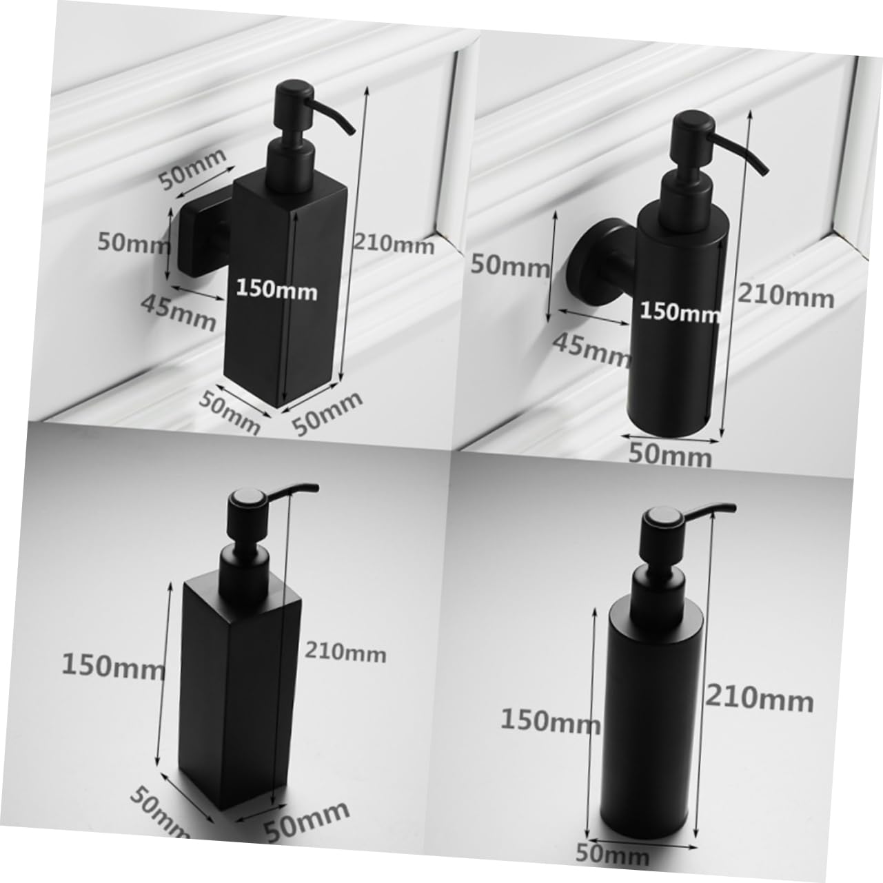 Dispenser Sapone da Parete Acciaio Inox 304 200ml Nero | Pompa Manuale, Ricaricabile, Forma Quadrata, per Sapone Liquido e Lozione, Installazione a Muro
