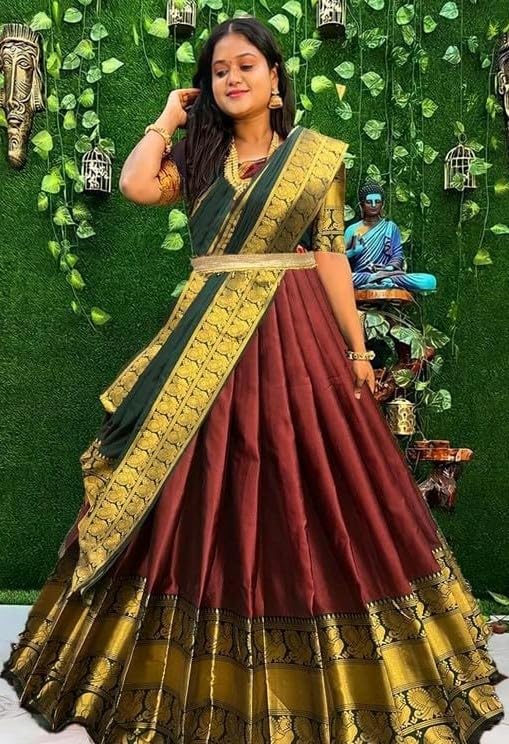 Image of RENVAANI Women's Traditional Kanjivaram Kanchipuram Silk Unstitched Lehenga Choli with Dupatta (MAROON BT)