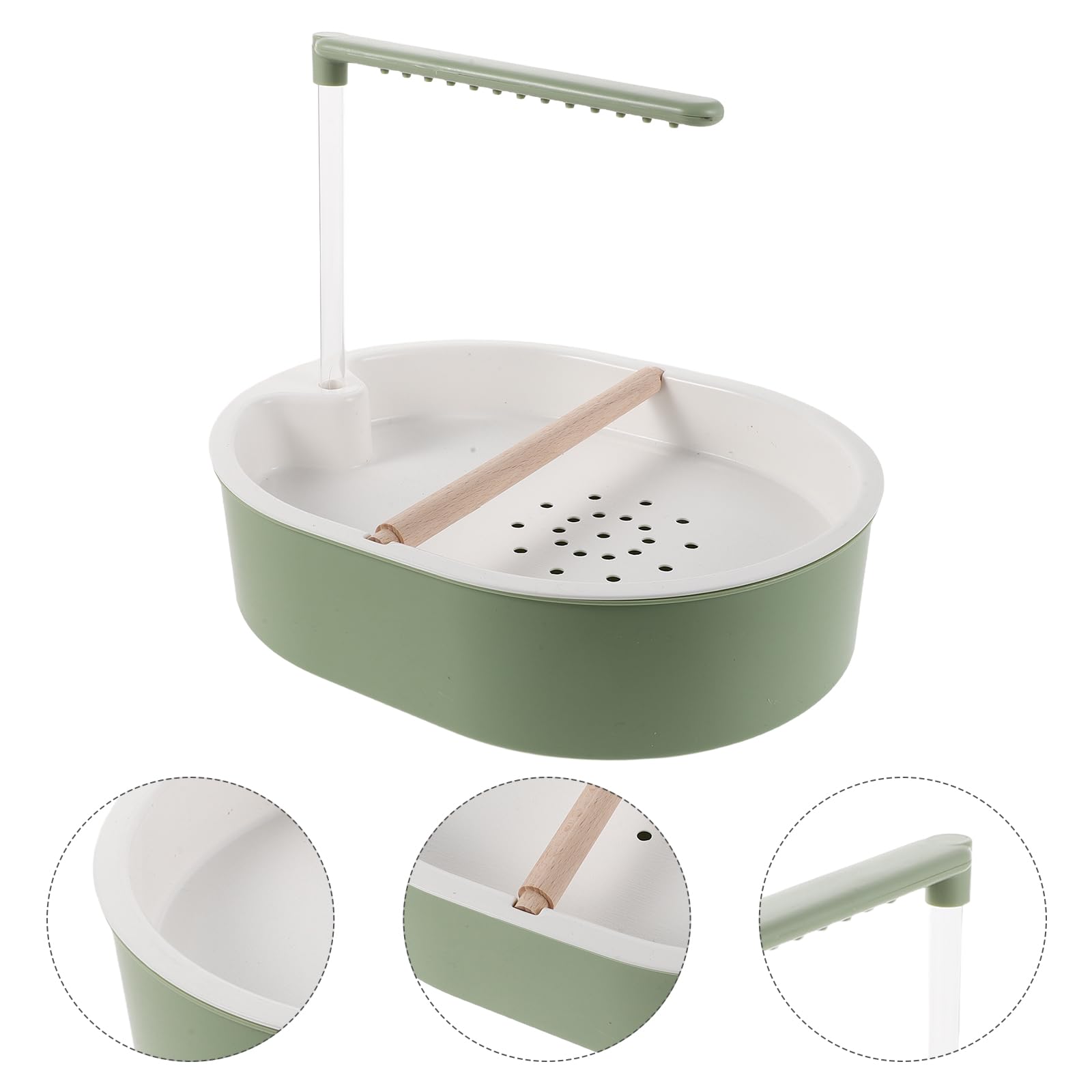 Baño de Ducha para Pájaros Automático con Bomba Ajustable, Bañera Interior de Plástico Azul Grisáceo con Tubo Transparente de 20 Cm y Perchero de Madera de Haya, Accesorio